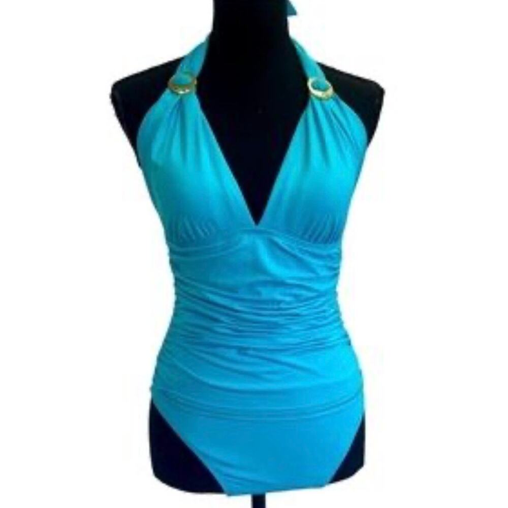 LAUREN Ralph Lauren Beach Club Solids Halter Womens Swimsuit Ruched Sides  14